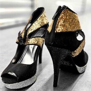 Black, Silver, and Gold Peep Toe Heels
